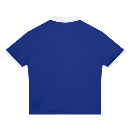 Unisex Drop Shoulder Color Block Polo Shirt in klein blue with white, alternate angle