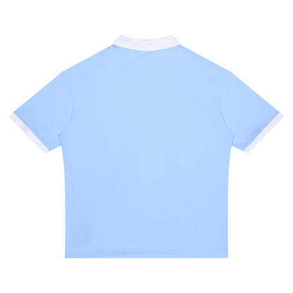Unisex Drop Shoulder Color Block Polo Shirt in light blue with white, alternate angle