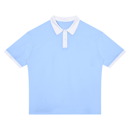 Unisex Drop Shoulder Color Block Polo Shirt in light blue with white