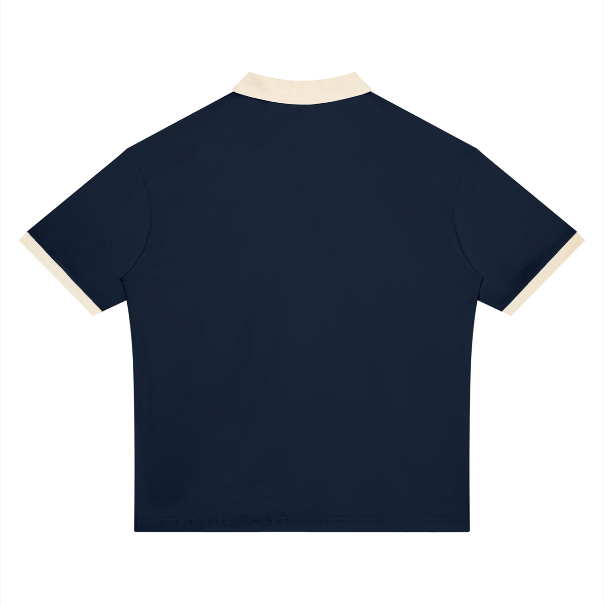 Unisex Drop Shoulder Color Block Polo Shirt in navy blue with apricot, alternate angle