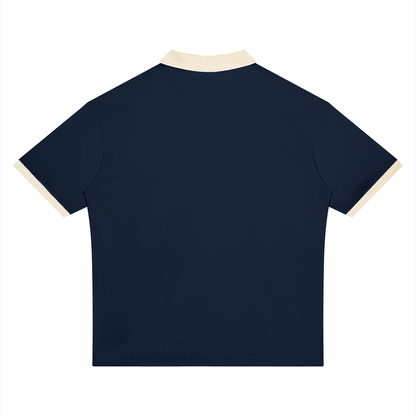 Unisex Drop Shoulder Color Block Polo Shirt in navy blue with apricot, alternate angle