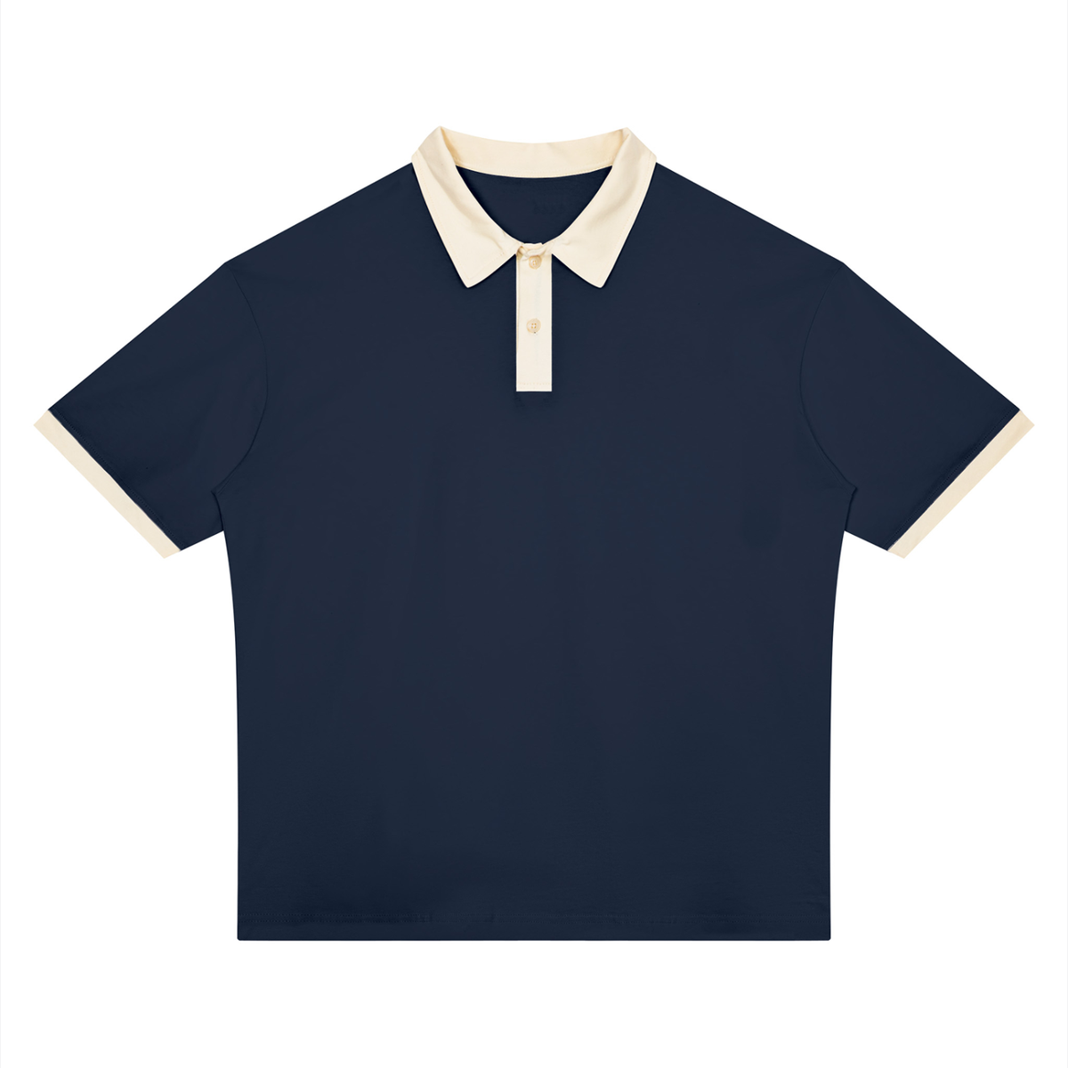Unisex Drop Shoulder Color Block Polo Shirt in navy blue with apricot