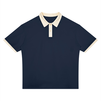 Unisex Drop Shoulder Color Block Polo Shirt in navy blue with apricot