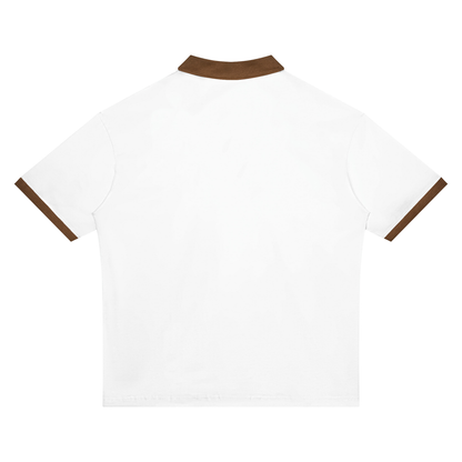 Unisex Drop Shoulder Color Block Polo Shirt in white with brown, alternate angle