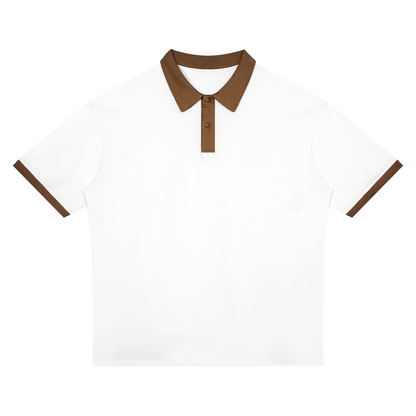 Unisex Drop Shoulder Color Block Polo Shirt in white with brown