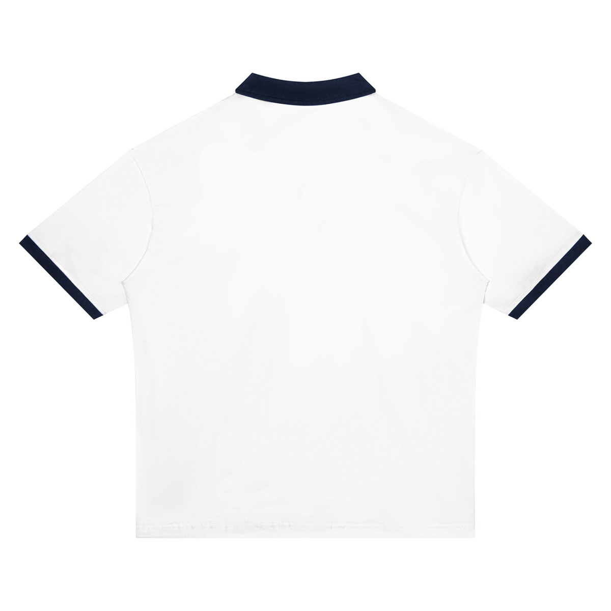 Unisex Drop Shoulder Color Block Polo Shirt in white with navy blue, alternate angle
