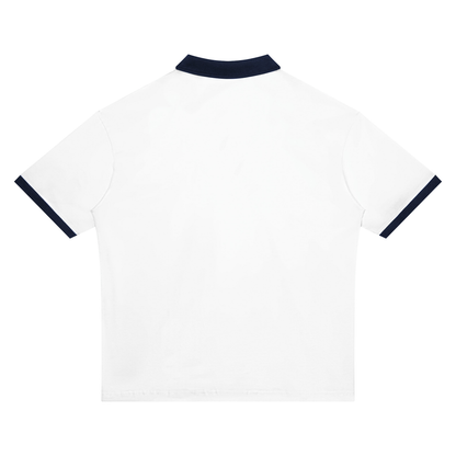 Unisex Drop Shoulder Color Block Polo Shirt in white with navy blue, alternate angle