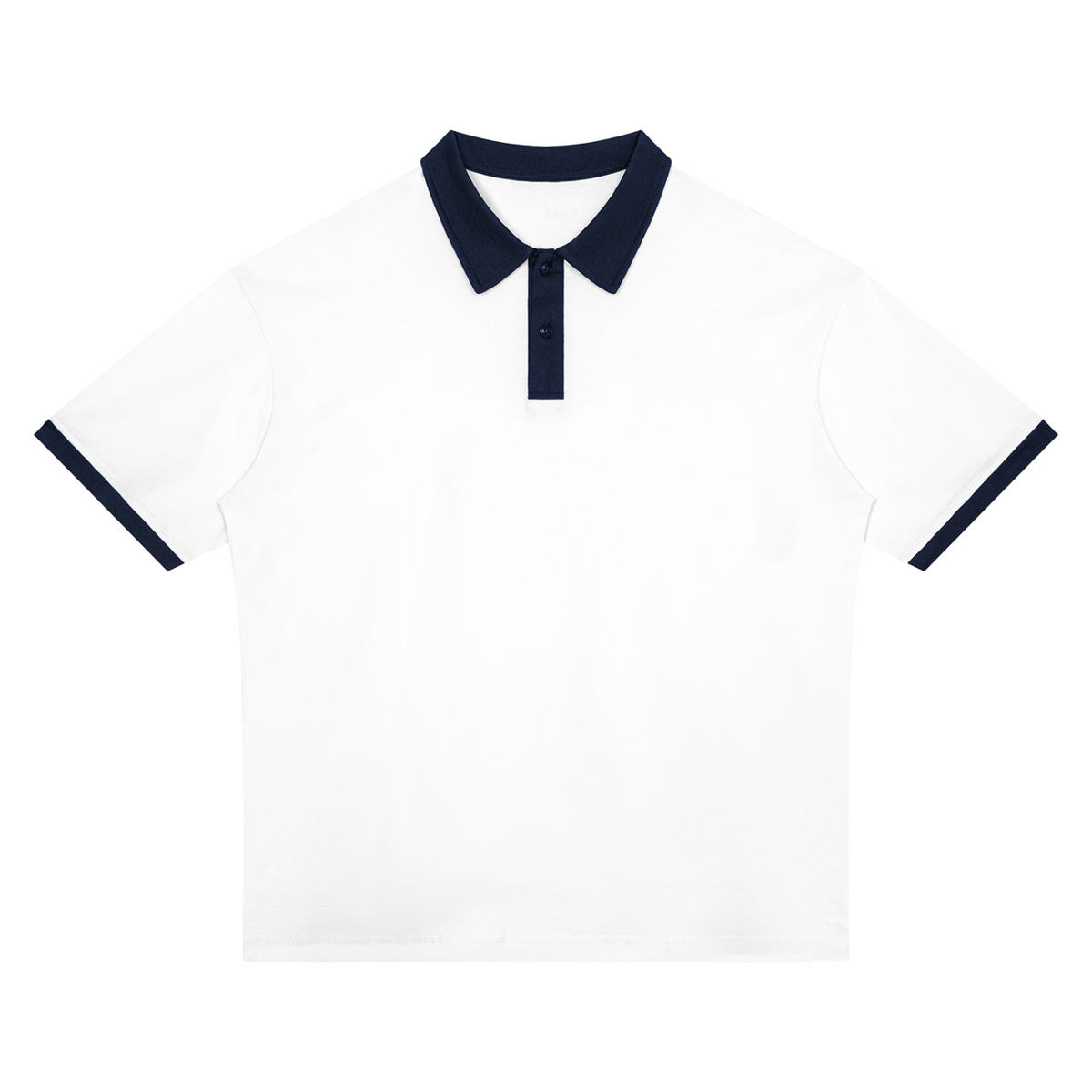Unisex Drop Shoulder Color Block Polo Shirt in white with navy blue
