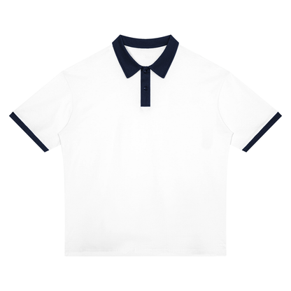 Unisex Drop Shoulder Color Block Polo Shirt in white with navy blue