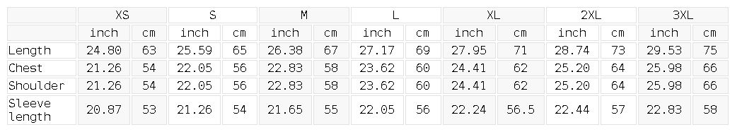 Size chart for the Unisex Drop Shoulder Crewneck Sweatshirt