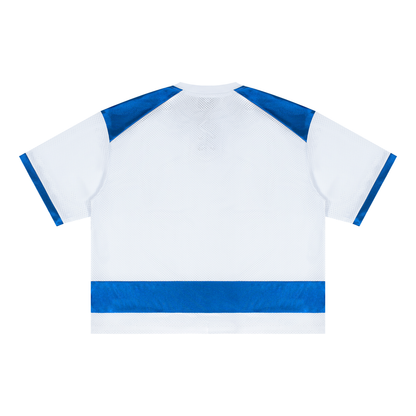 Unisex Drop Shoulder Mesh Boxy T-Shirt in white with blue, alternate angle