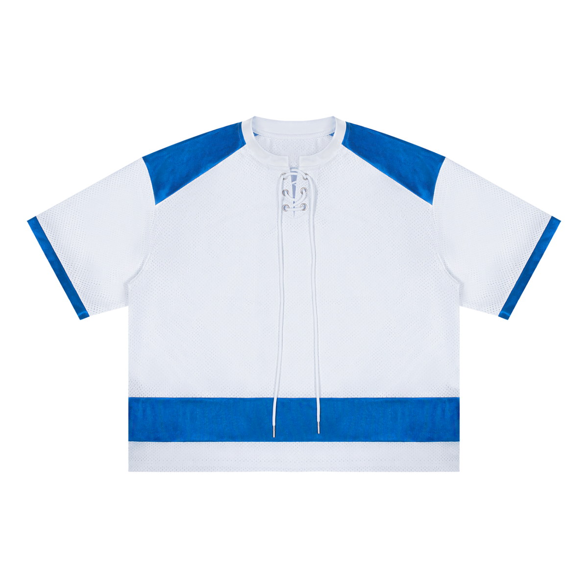 Unisex Drop Shoulder Mesh Boxy T-Shirt in white with blue