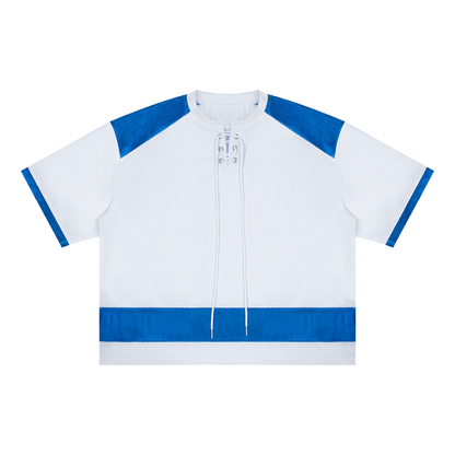 Unisex Drop Shoulder Mesh Boxy T-Shirt in white with blue