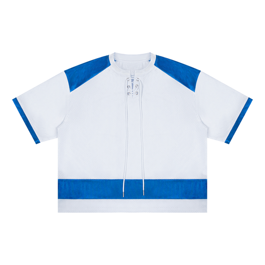 Unisex Drop Shoulder Mesh Boxy T-Shirt in white with blue