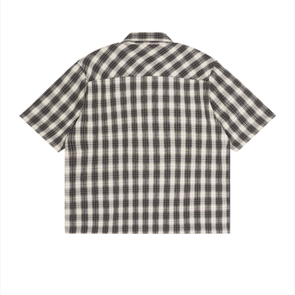 Unisex Drop Shoulder Plaid Short Sleeve Shirt in black with apricot, alternate angle