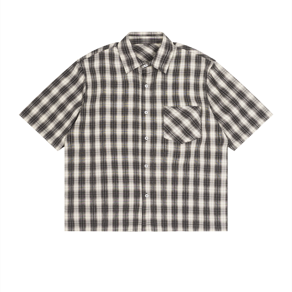 Unisex Drop Shoulder Plaid Short Sleeve Shirt in black with apricot
