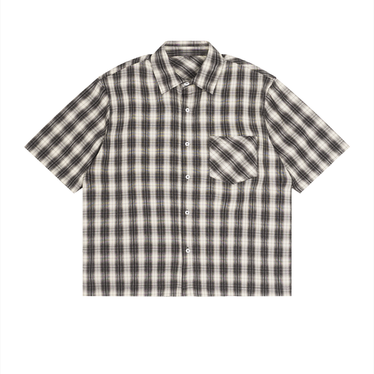Unisex Drop Shoulder Plaid Short Sleeve Shirt in black with apricot