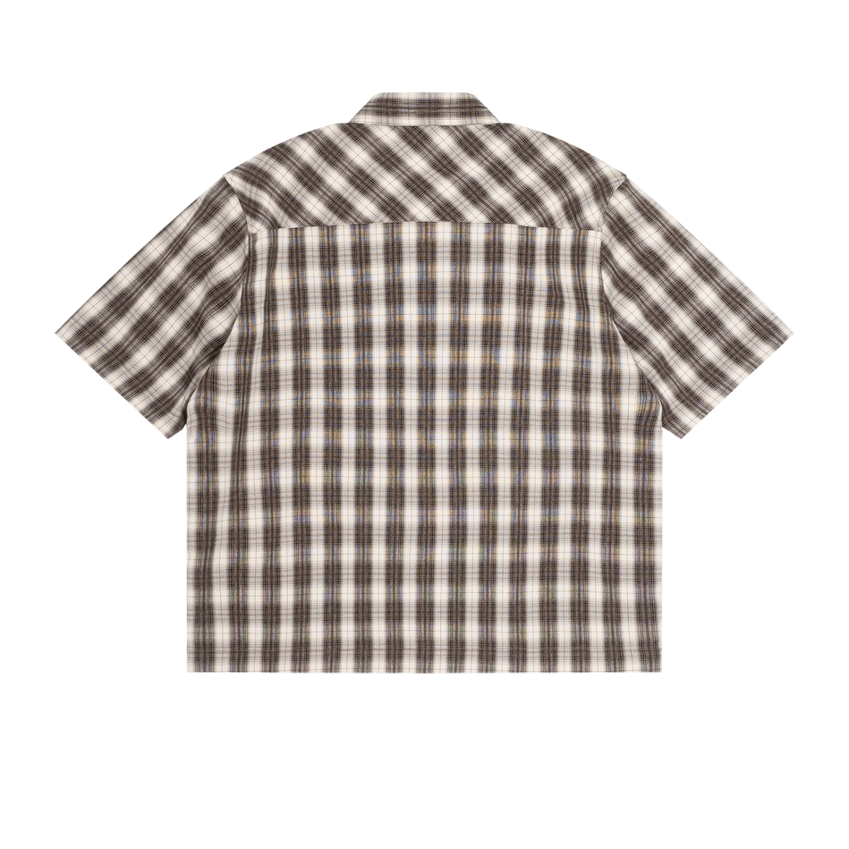 Unisex Drop Shoulder Plaid Short Sleeve Shirt in brown with apricot, alternate angle
