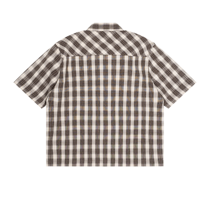 Unisex Drop Shoulder Plaid Short Sleeve Shirt in brown with apricot, alternate angle