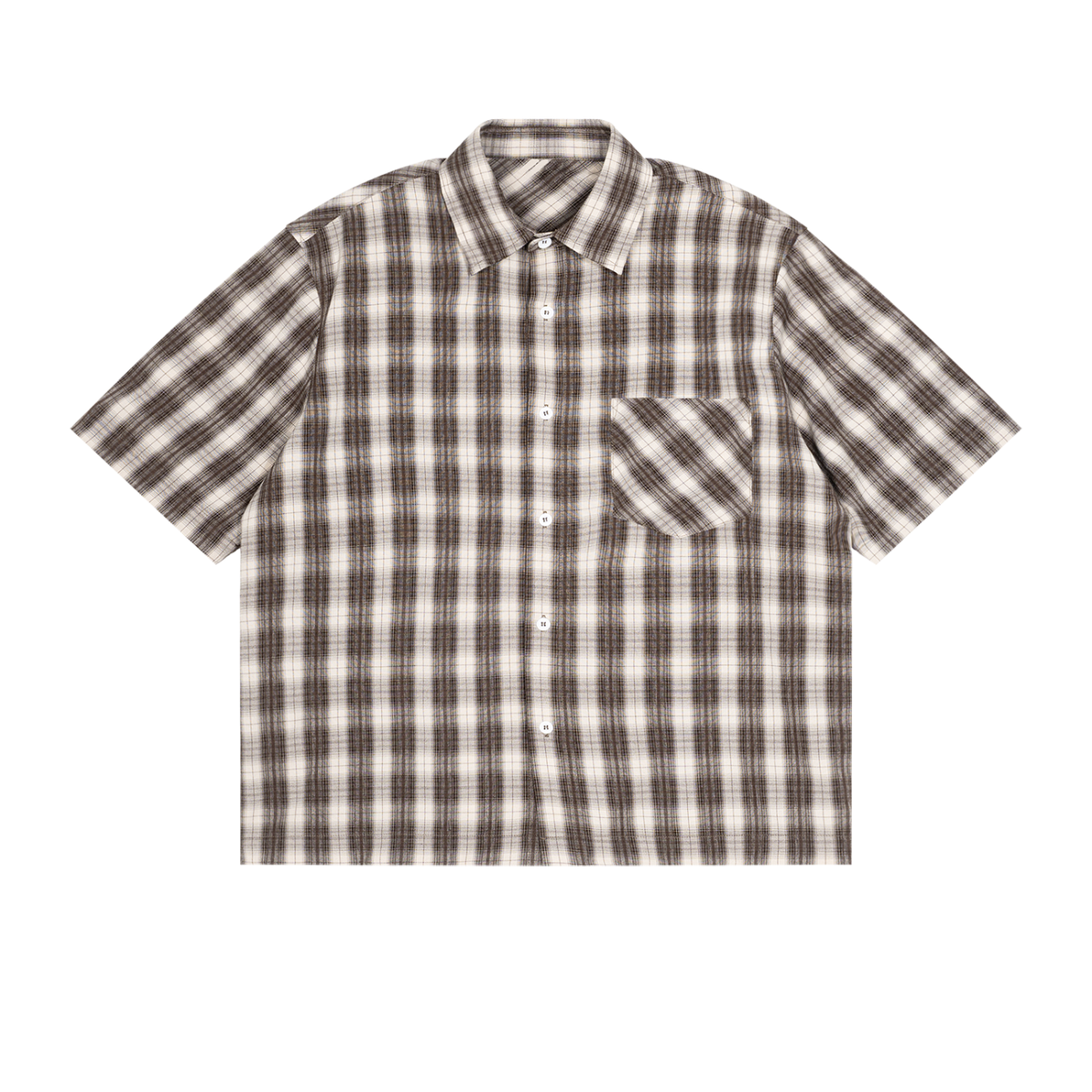 Unisex Drop Shoulder Plaid Short Sleeve Shirt in brown with apricot