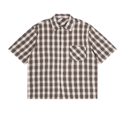 Unisex Drop Shoulder Plaid Short Sleeve Shirt in brown with apricot