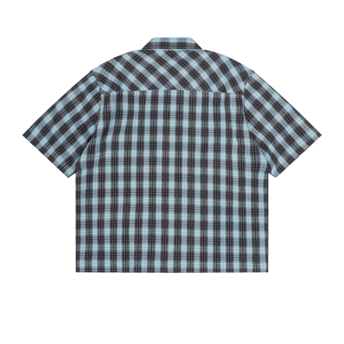 Unisex Drop Shoulder Plaid Short Sleeve Shirt in brown with blue, alternate angle