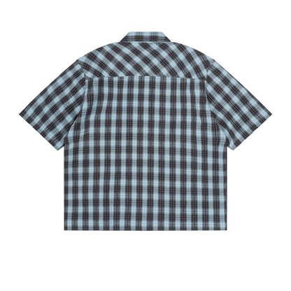 Unisex Drop Shoulder Plaid Short Sleeve Shirt in brown with blue, alternate angle
