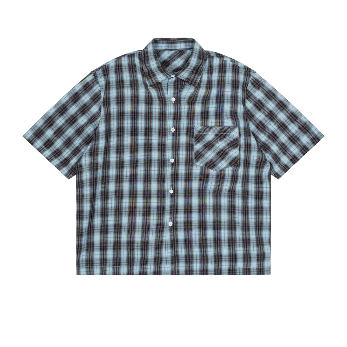 Unisex Drop Shoulder Plaid Short Sleeve Shirt in brown with blue