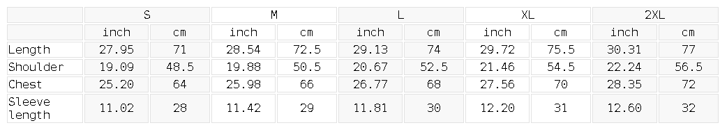 Size chart for the Unisex Drop Shoulder Plaid Short Sleeve Shirt
