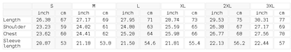 Size chart for the Unisex Drop-Shoulder Zip Up Hoodie