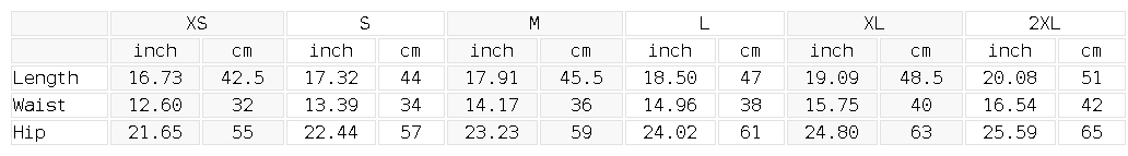 Size chart for the Unisex Earth Tone Cotton Shorts