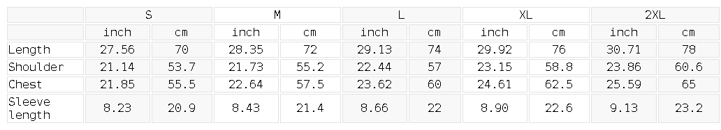 Size chart for the Unisex Enzyme Washed T-Shirt