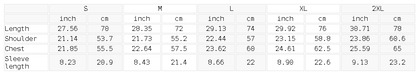 Size chart for the Unisex Enzyme Washed T-Shirt