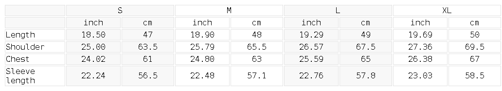 Size chart for the Unisex Essential Cropped Zip-Up Hoodie