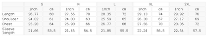 Size chart for the Unisex Essential Fleece Zip-Through Hoodie