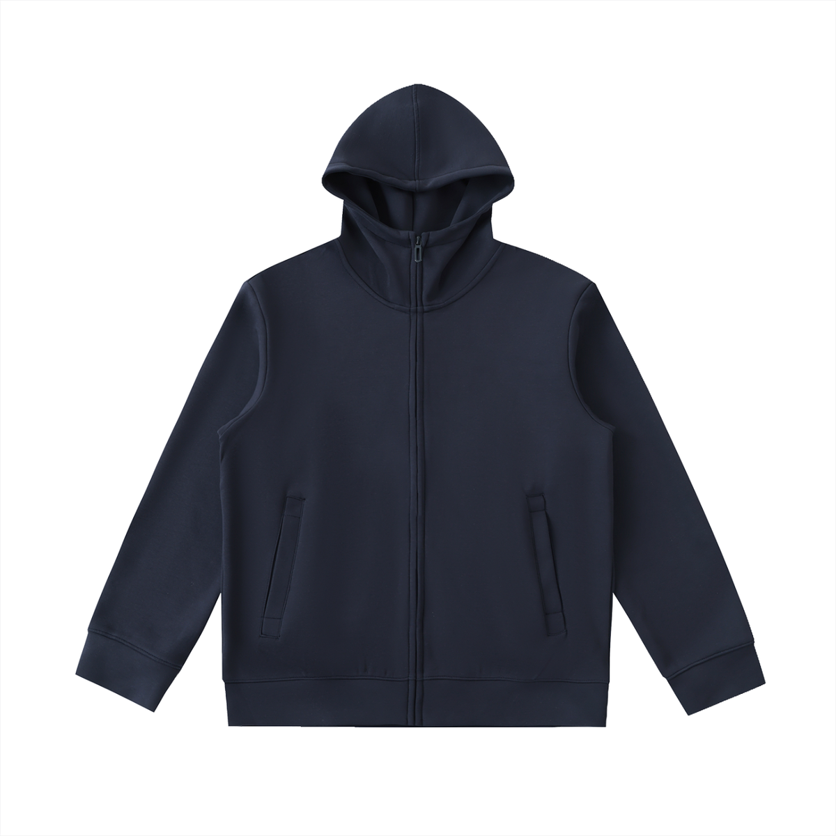 Unisex Essential High Neck Zip-Up Hoodie in navy blue