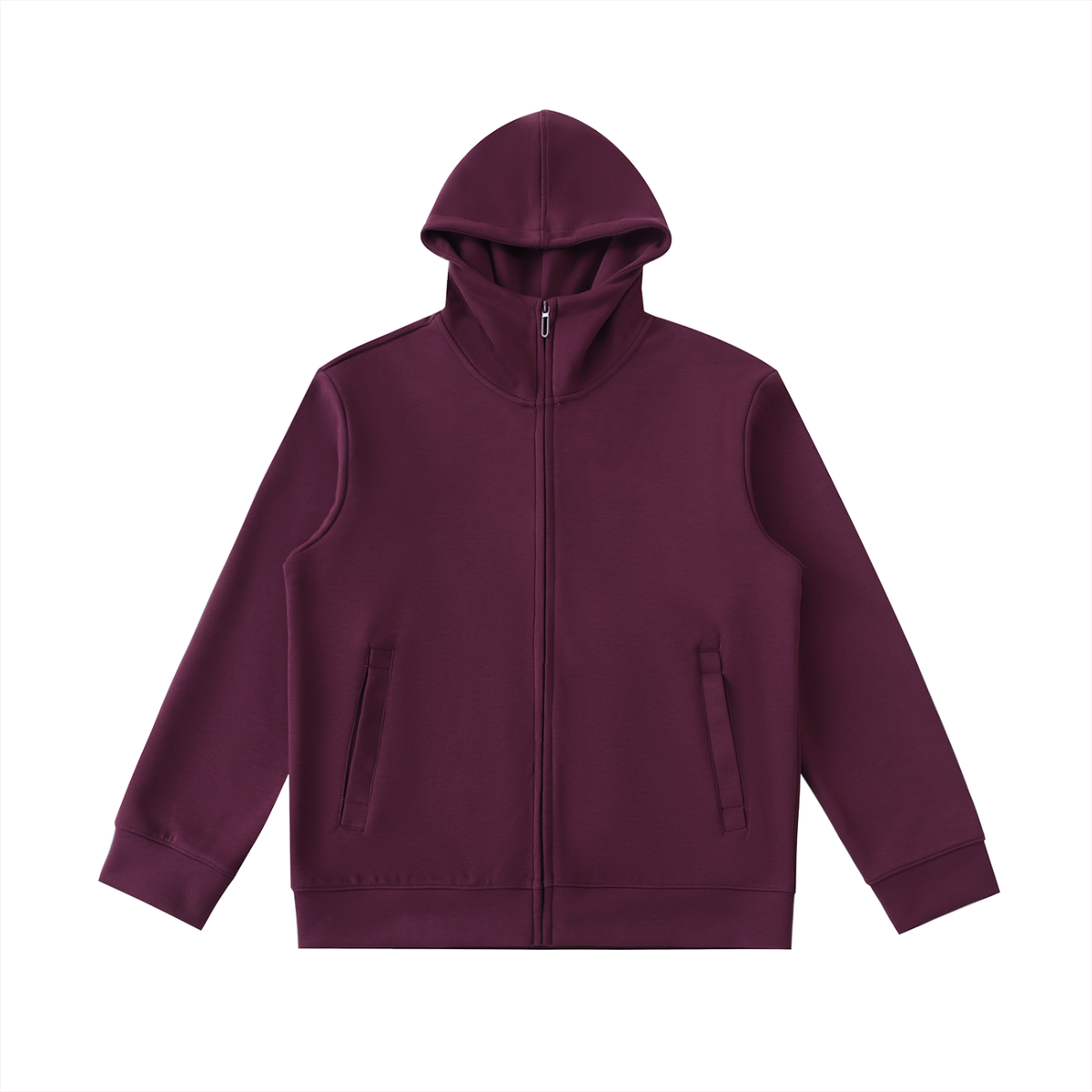 Unisex Essential High Neck Zip-Up Hoodie in plum purple