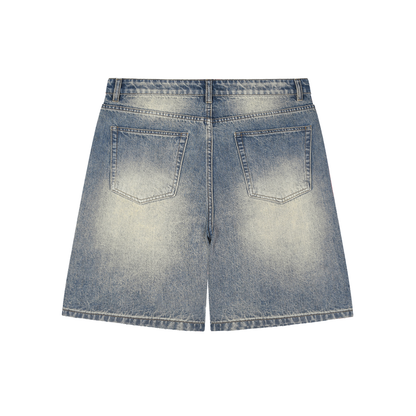 Unisex Faded Distressed Baggy Denim Shorts in blue, alternate angle