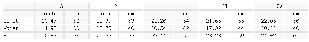 Size chart for the Unisex Faded Distressed Baggy Denim Shorts