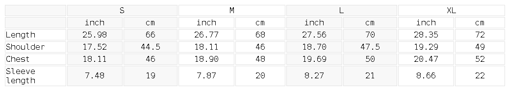 Size chart for the Unisex Fitted Cotton Spandex T-Shirt
