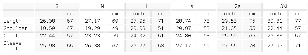 Size chart for the Unisex Fleece Full Zip Hoodie