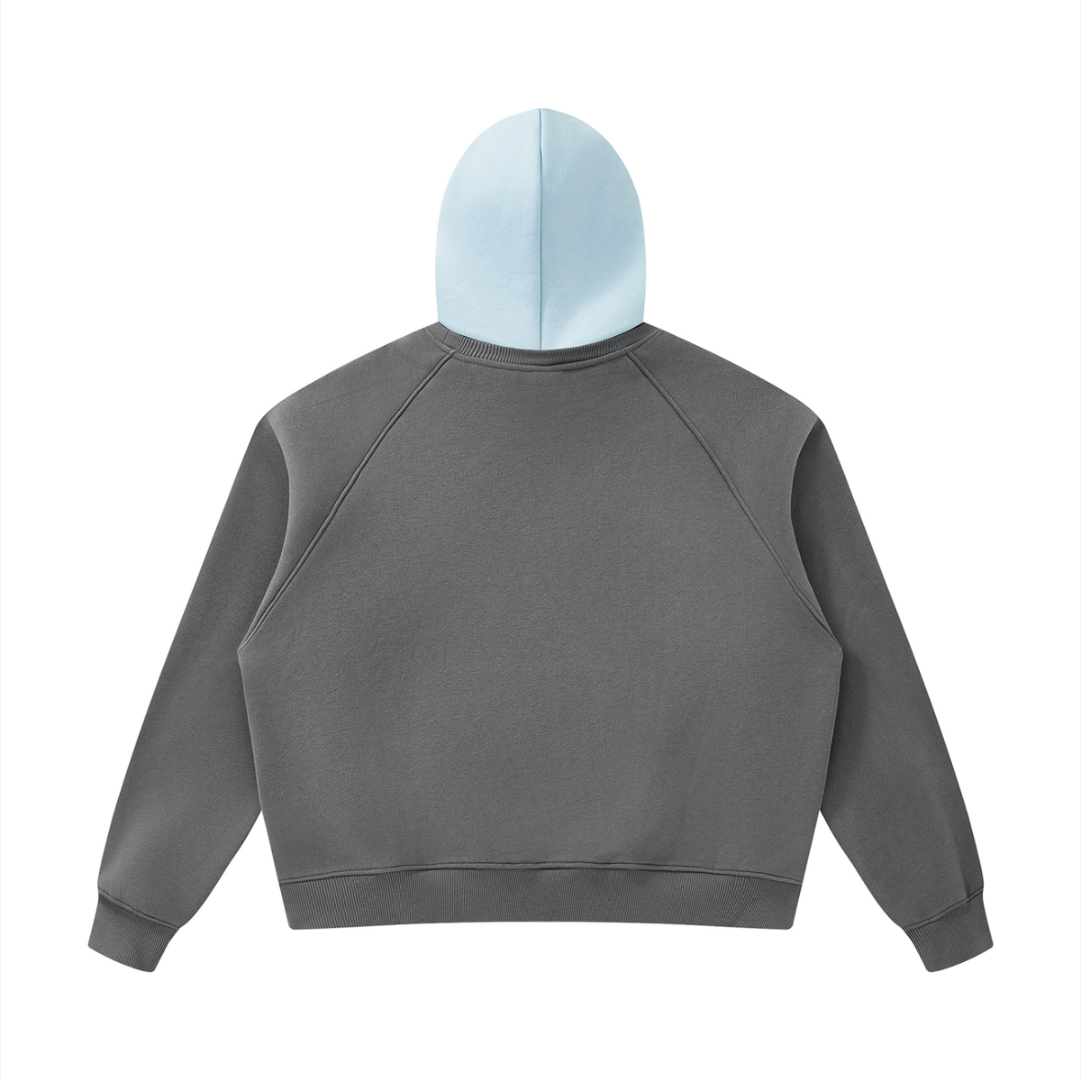 Unisex Fleece Raglan Color Block Hoodie in dark gray with light blue, alternate angle