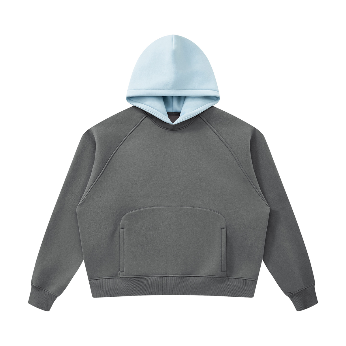 Unisex Fleece Raglan Color Block Hoodie in dark gray with light blue