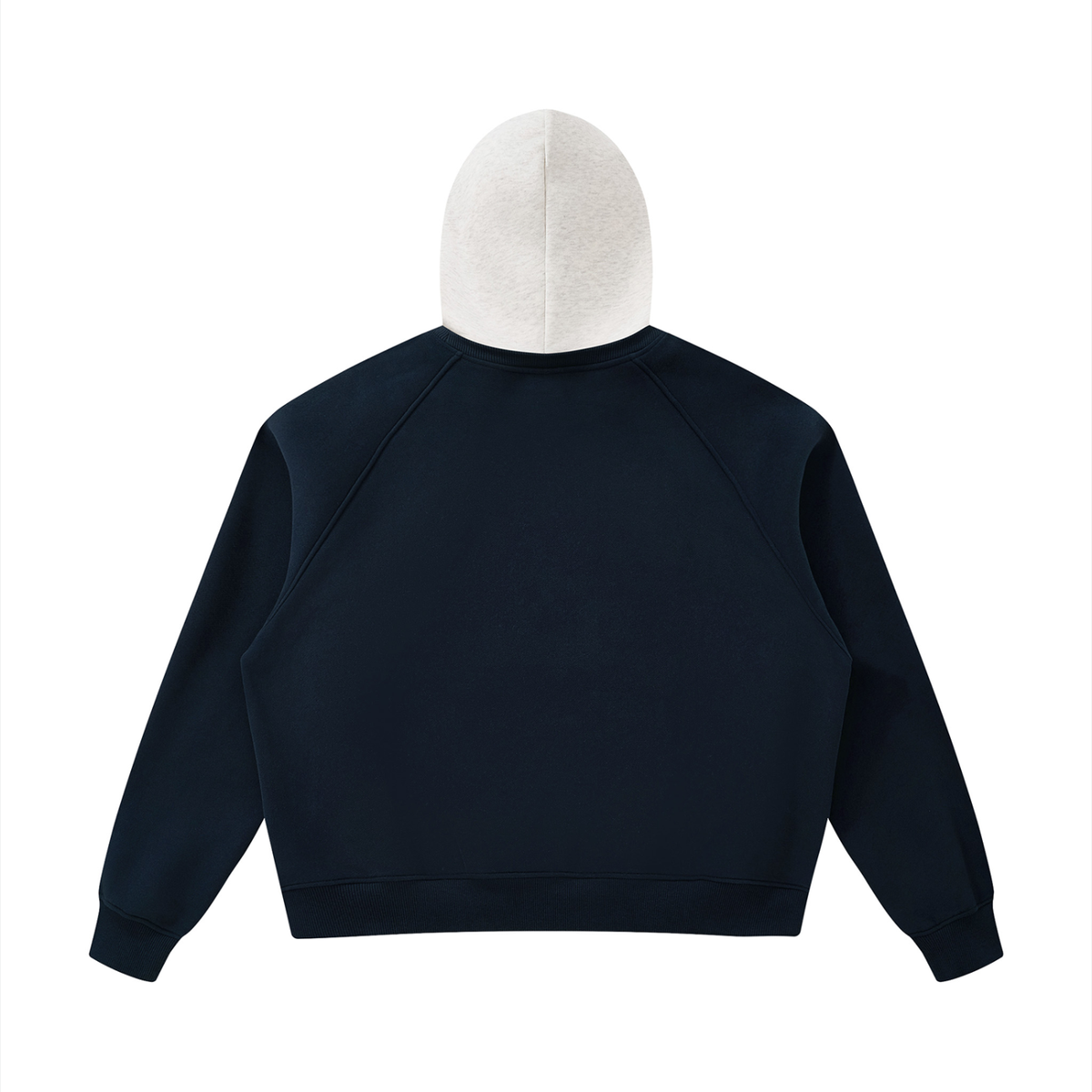 Unisex Fleece Raglan Color Block Hoodie in navy blue with oat gray, alternate angle