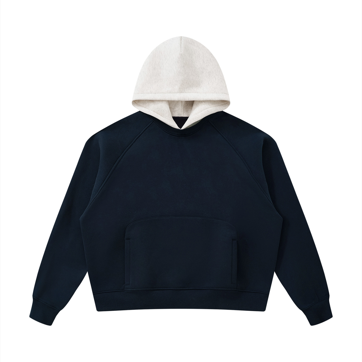 Unisex Fleece Raglan Color Block Hoodie in navy blue with oat gray