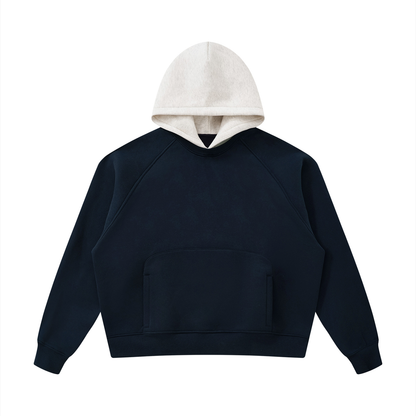Unisex Fleece Raglan Color Block Hoodie in navy blue with oat gray
