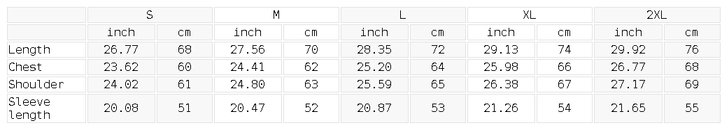 Size chart for the Unisex Fleeced Sweatshirt