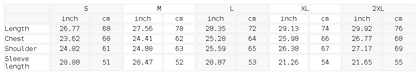 Size chart for the Unisex Fleeced Sweatshirt