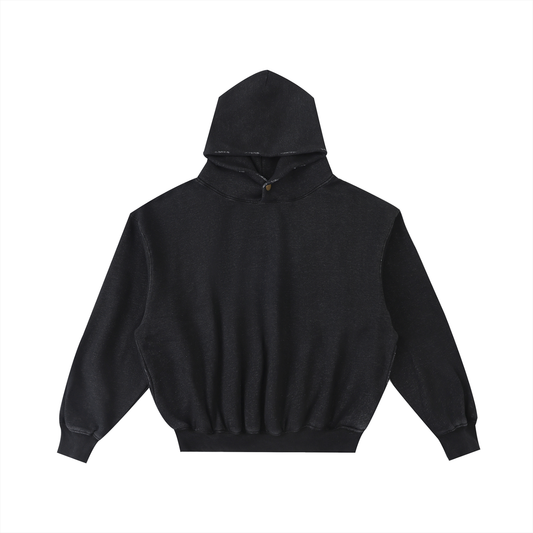 Unisex Frayed Enzyme Washed Fleece Hoodie in black