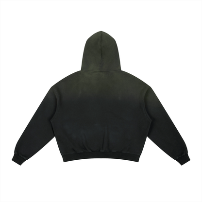 Unisex Frayed Sunfade Boxy Fleece Hoodie in black, alternate angle